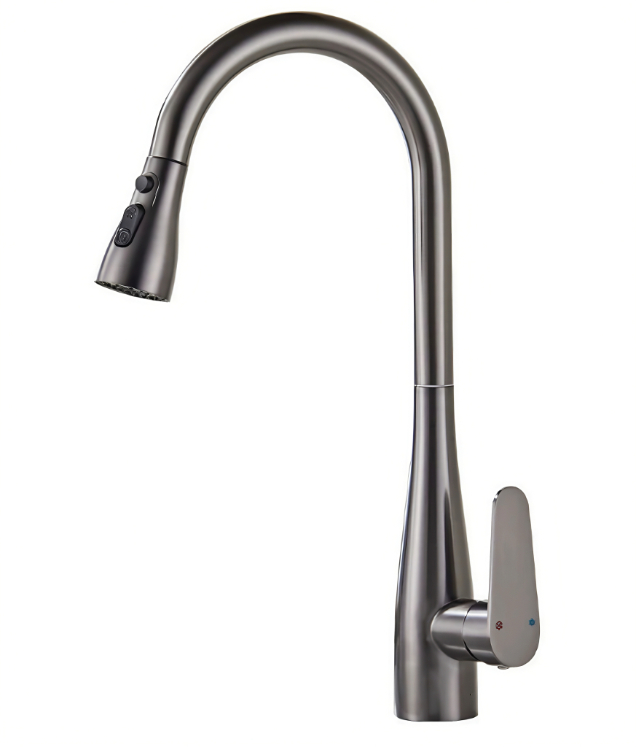 Gunmetal Grey მაღალი რკალისებური ბატიანი ცხელი და ცივი სამზარეულოს გასასვლელი ონკანი